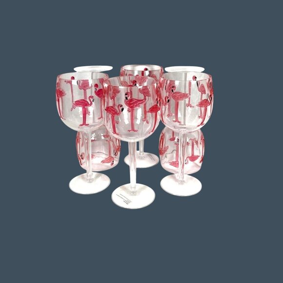 Pink Flamingo Clear Acrylic Wine Goblet Glasses Indoor Outdoor Pool Beach Party - Picture 4 of 10